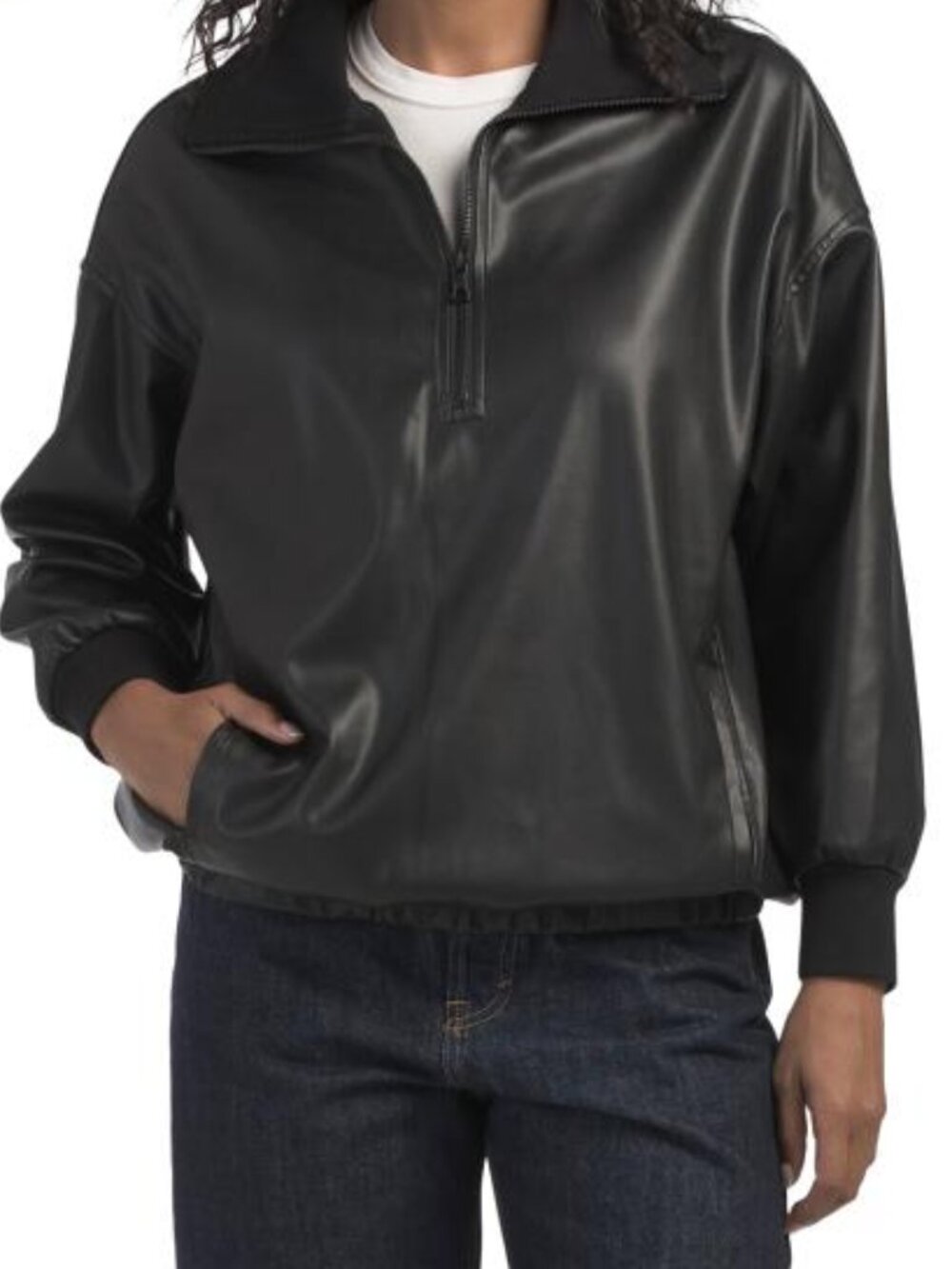 KENNETH COLE Faux Leather Half Zip Pullover Jacket With Ribbed Trim